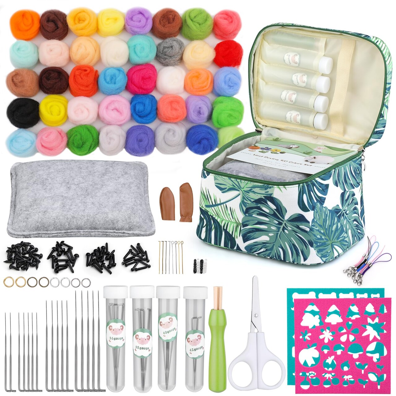 Needle Felting Kit, Wool Roving 40 Colors Set, Needle Felting Starter Kit, Needle Felting Tools Kit with Exquisite Green Storage Bag, Wool Felt Tools for Felted Animal Needle Felting Supplies